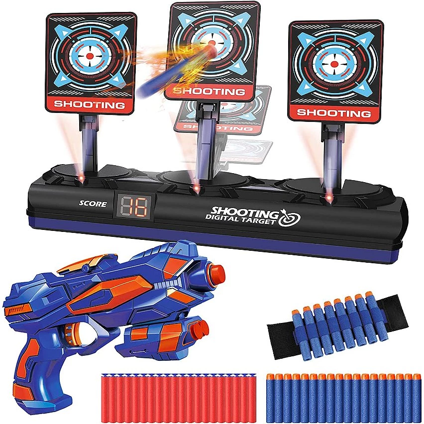 Coupon 🛒 Nerf pistolet avec 40 flèchettes en mousse et 3 cibles électronique bleu orange 😀 3 Coupon 🛒 Nerf pistolet avec 40 flèchettes en mousse et 3 cibles électronique bleu orange 😀